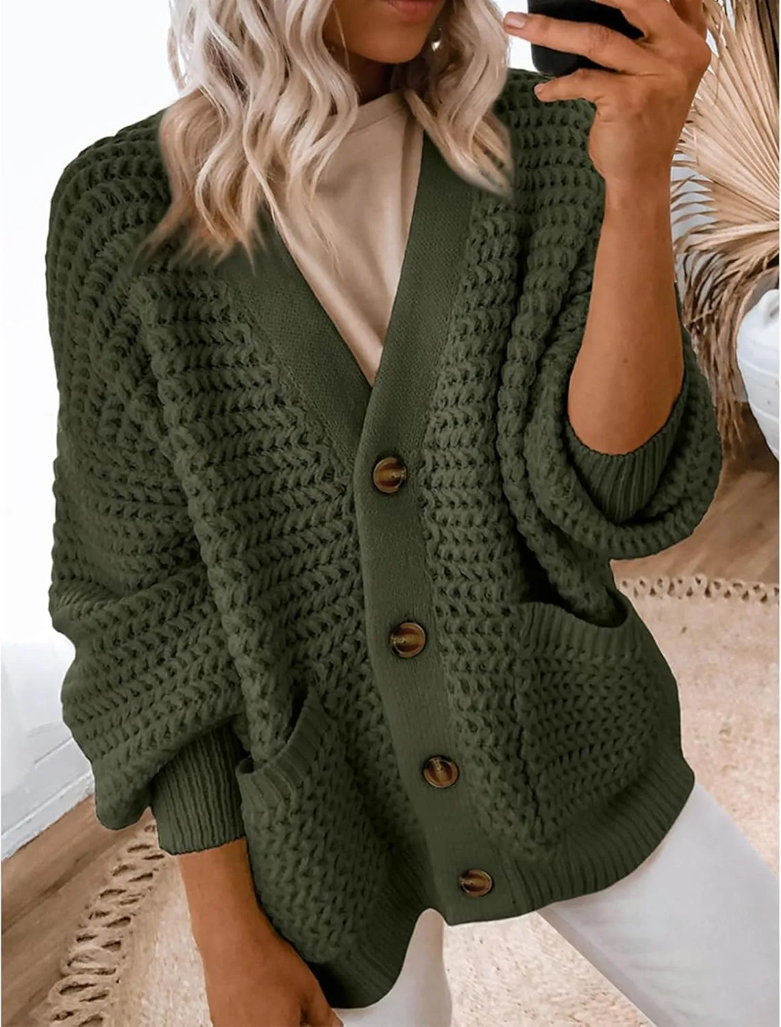 Womens Cardigan Sweaters Button Up Chunky Knit Cardigans V Neck Loose Fit Jackets Outwear