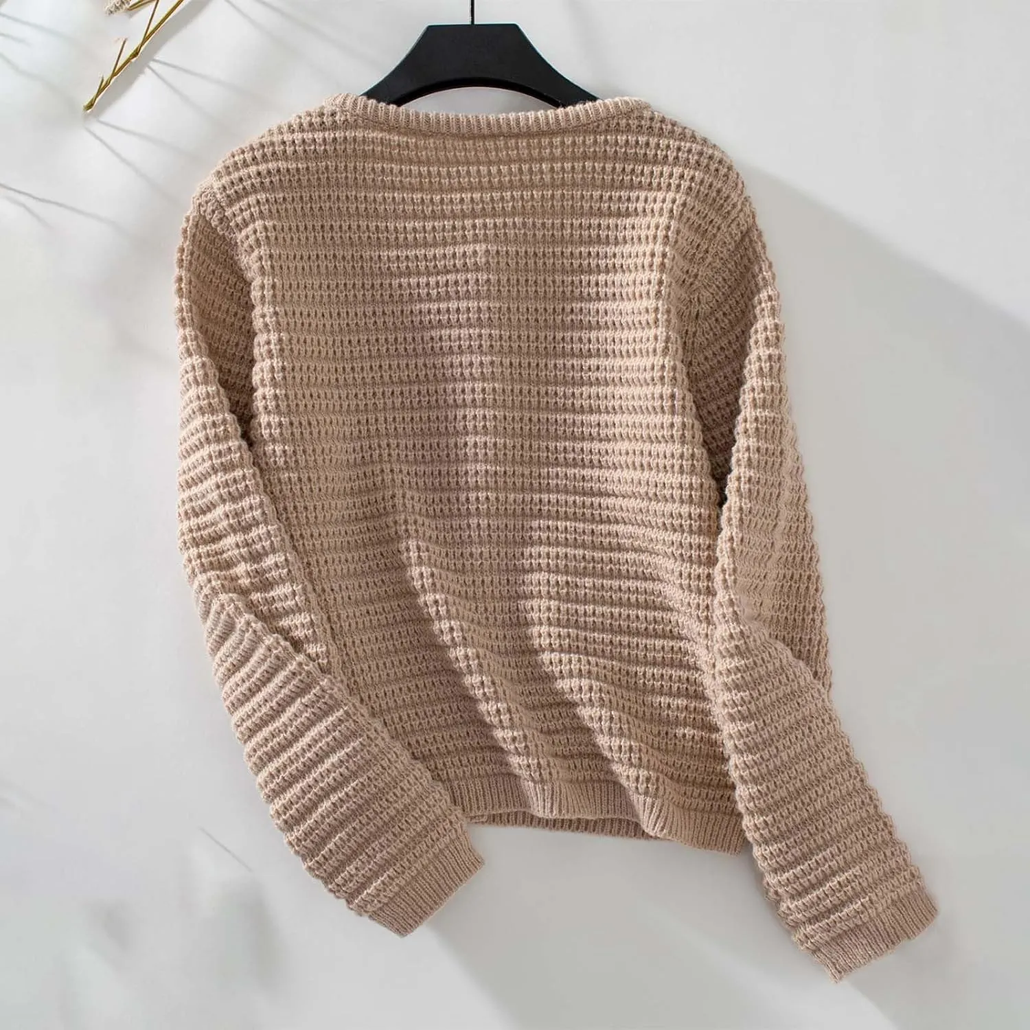 Women's Chunky Knit Open Front Sweater Long Sleeve Button Loose Short Cardigan Outerwear Coats with Pockets
