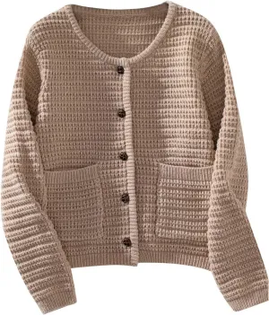 Women's Chunky Knit Open Front Sweater Long Sleeve Button Loose Short Cardigan Outerwear Coats with Pockets