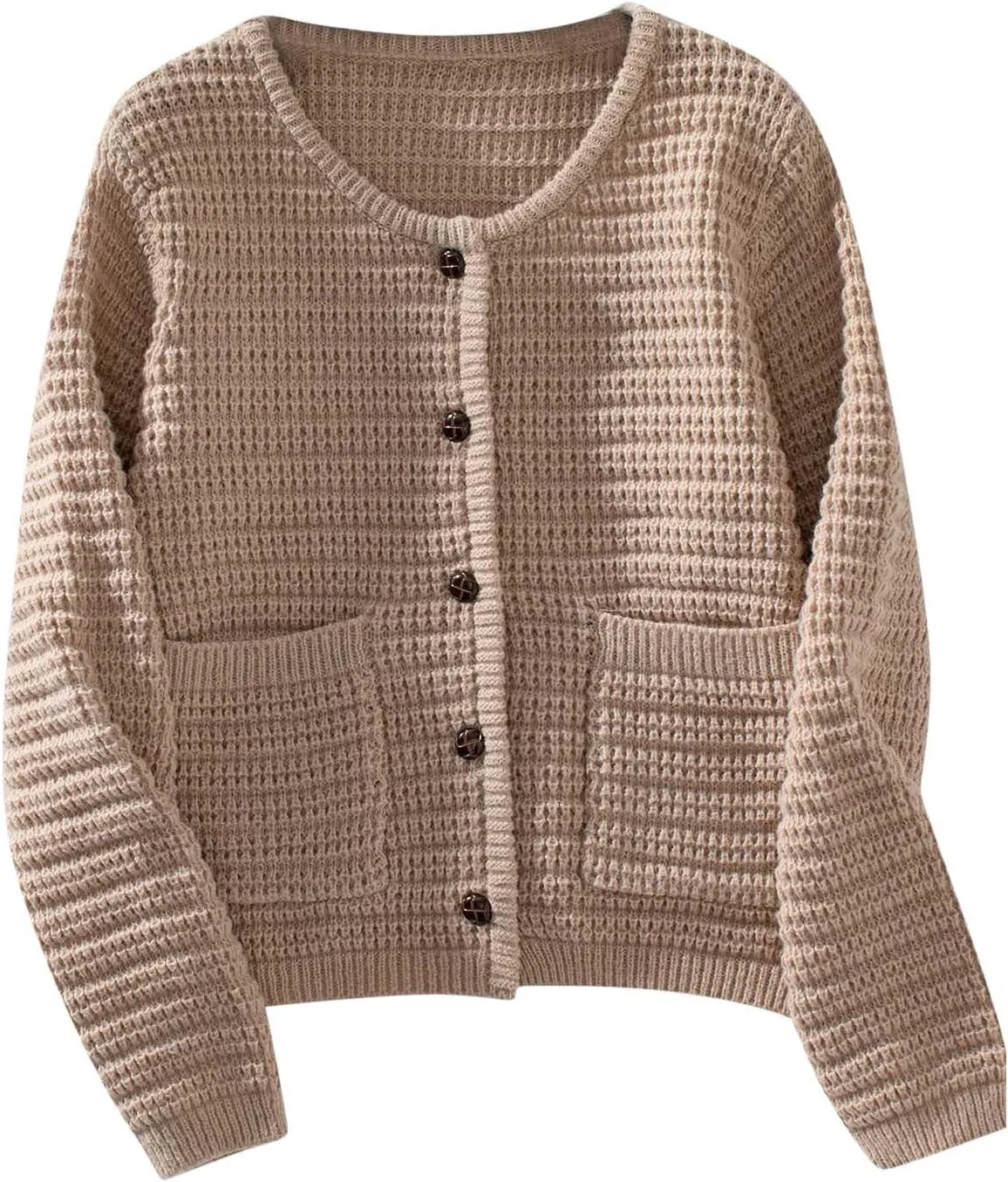 Women's Chunky Knit Open Front Sweater Long Sleeve Button Loose Short Cardigan Outerwear Coats with Pockets