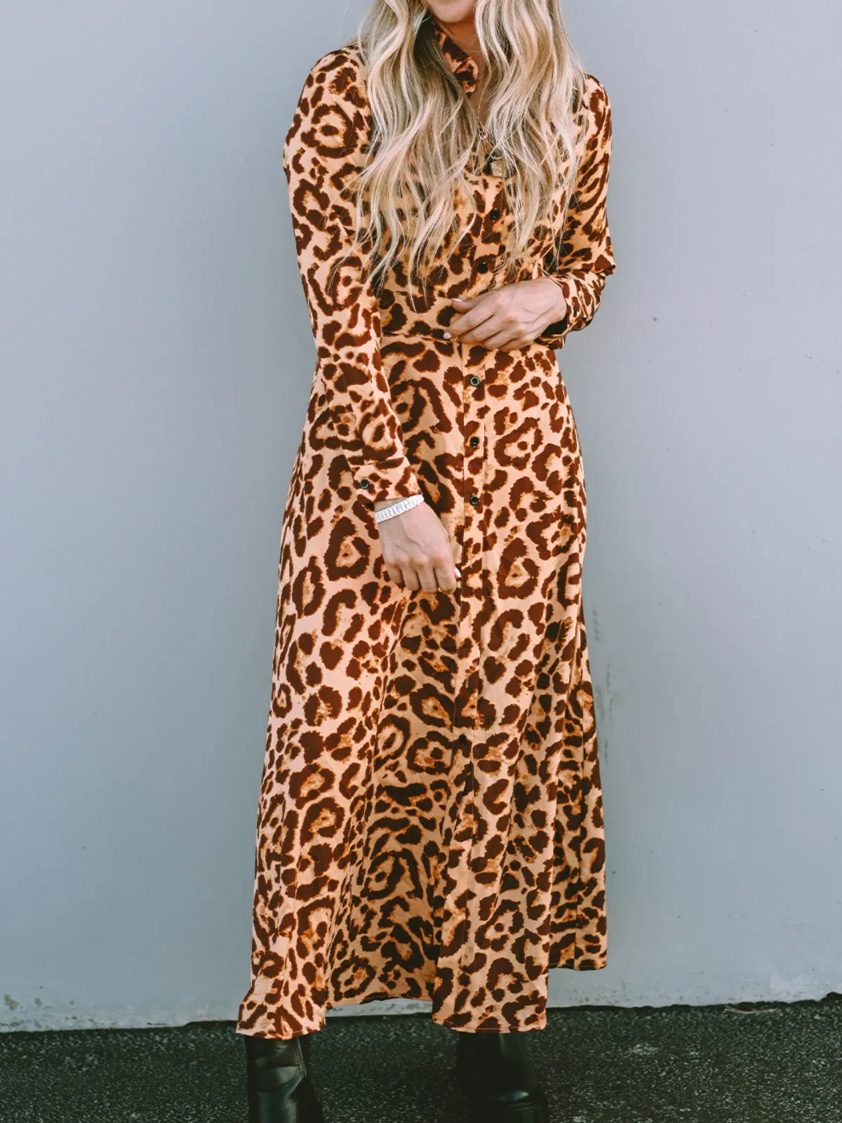 Womens Leopard Button-Up Long Sleeve Maxi Dress