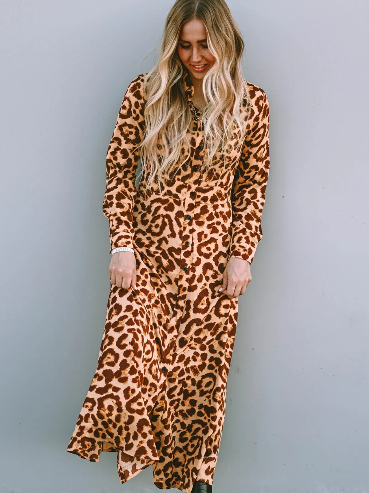 Womens Leopard Button-Up Long Sleeve Maxi Dress