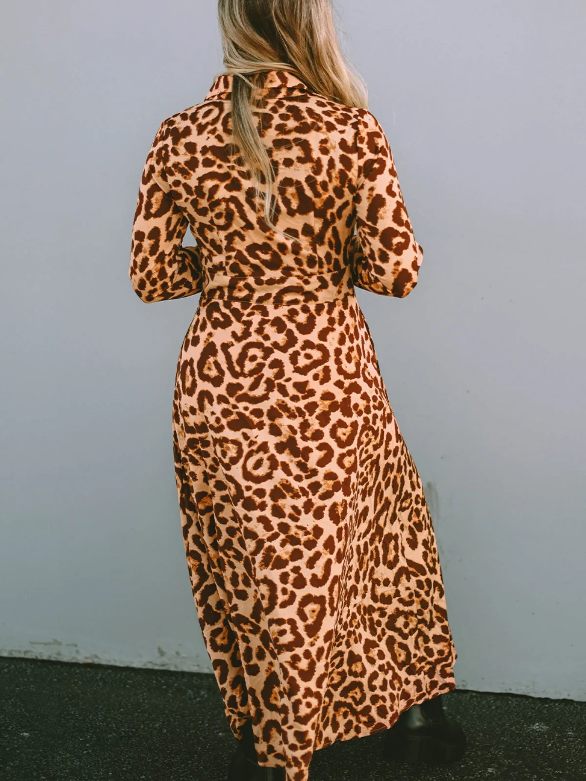 Womens Leopard Button-Up Long Sleeve Maxi Dress