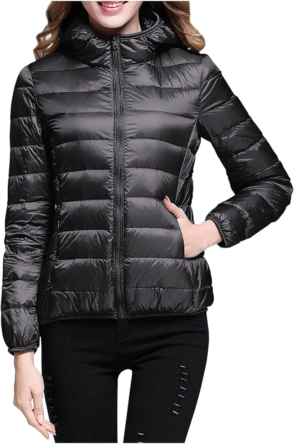 Womens Puffer Jacket Packable Down Jackets Winter Warm Lightweight Short Down Coat Full Zip Hooded Slim Fit Outwear