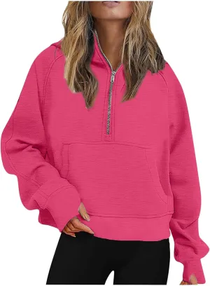 Womens Quarter Zip Up Pullover Fleece Lined Jackets Thumb Hole Cropped Hoodies Long Sleeve Pullover Sweatshirts Tops