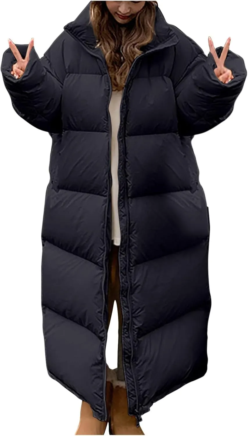 Womens Thicken Long Down Jacket Heavyweight Solid Color Winter Thermal Puffer Coats Fashion Zipper Long Sleeve Outfits
