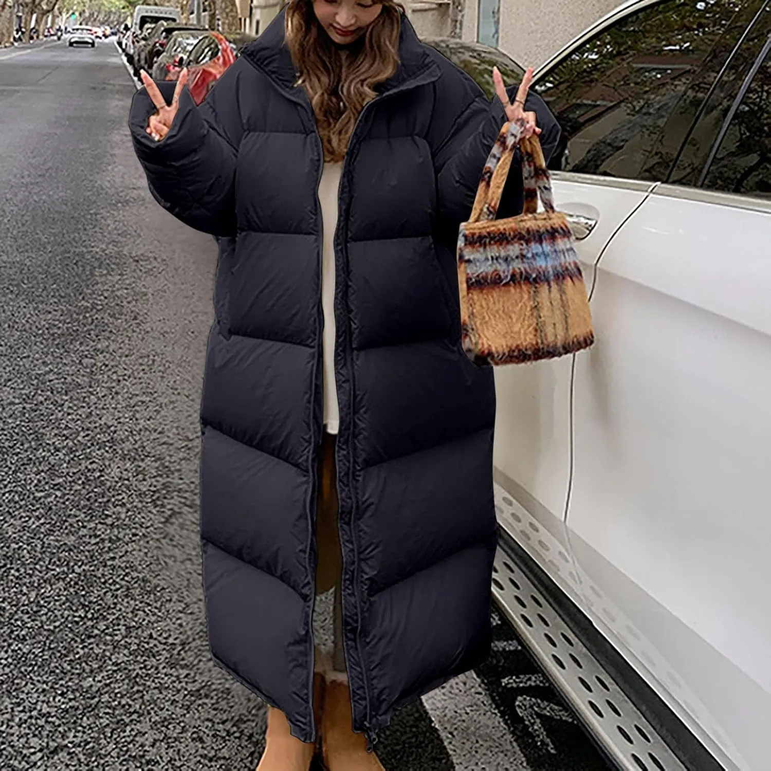 Womens Thicken Long Down Jacket Heavyweight Solid Color Winter Thermal Puffer Coats Fashion Zipper Long Sleeve Outfits