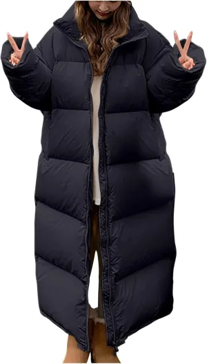 Womens Thicken Long Down Jacket Heavyweight Solid Color Winter Thermal Puffer Coats Fashion Zipper Long Sleeve Outfits