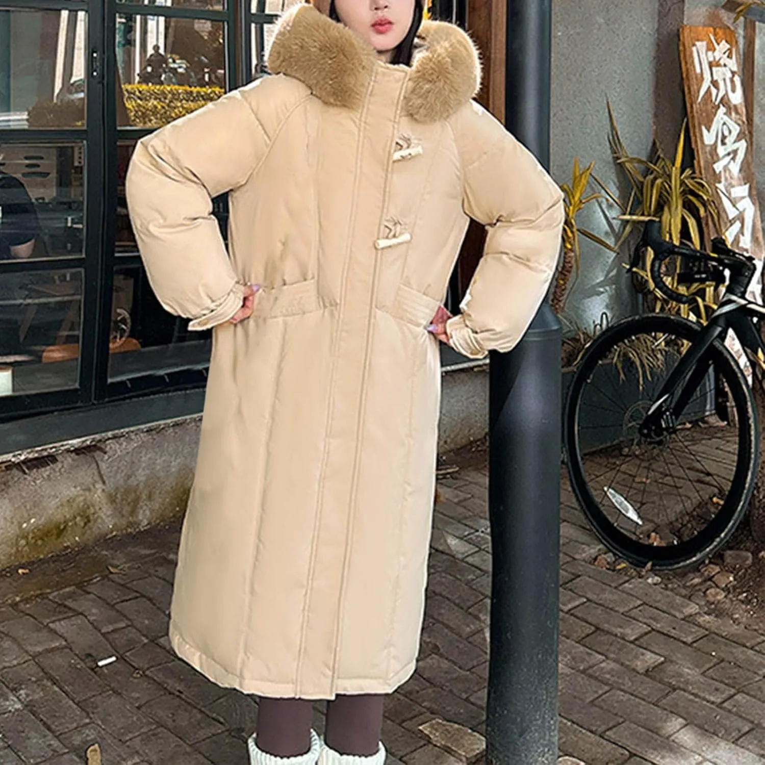 Women's Winter Warm Puffer Coats Long Faux Fur Trim Hoodie Down Jackets Long Sleeve Full Zip Trendy Parkas Outerwear