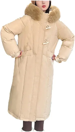 Women's Winter Warm Puffer Coats Long Faux Fur Trim Hoodie Down Jackets Long Sleeve Full Zip Trendy Parkas Outerwear