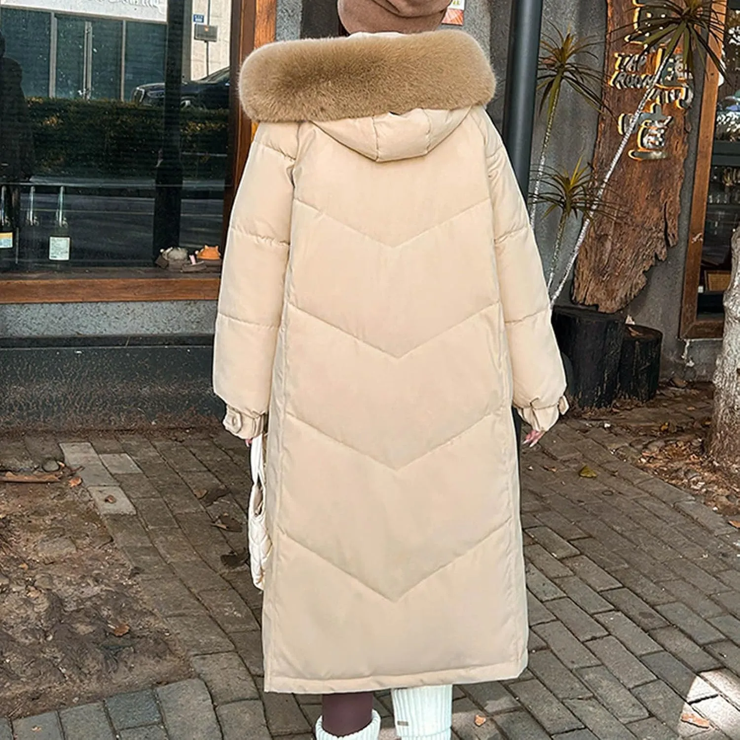 Women's Winter Warm Puffer Coats Long Faux Fur Trim Hoodie Down Jackets Long Sleeve Full Zip Trendy Parkas Outerwear
