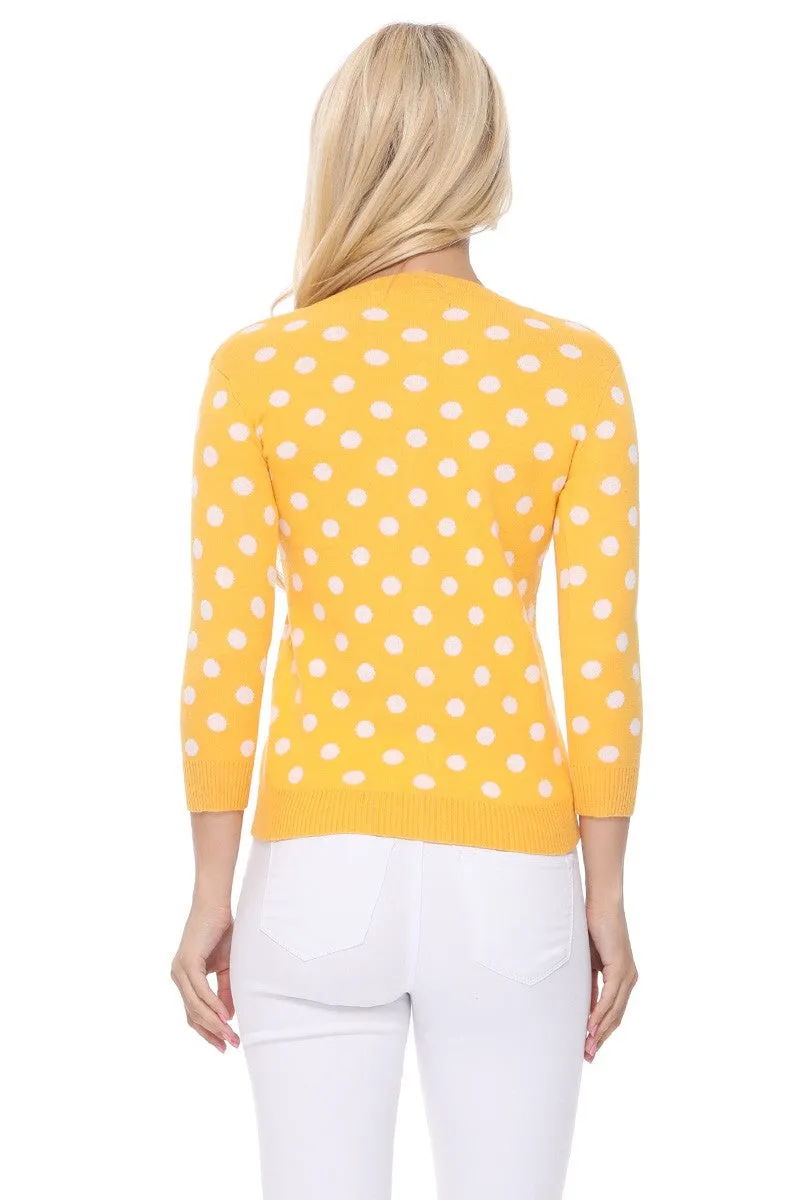 YEMAK Women's Polka Dot Cute Jacquard Crewneck Button Down Sweater Cardigan MK3104