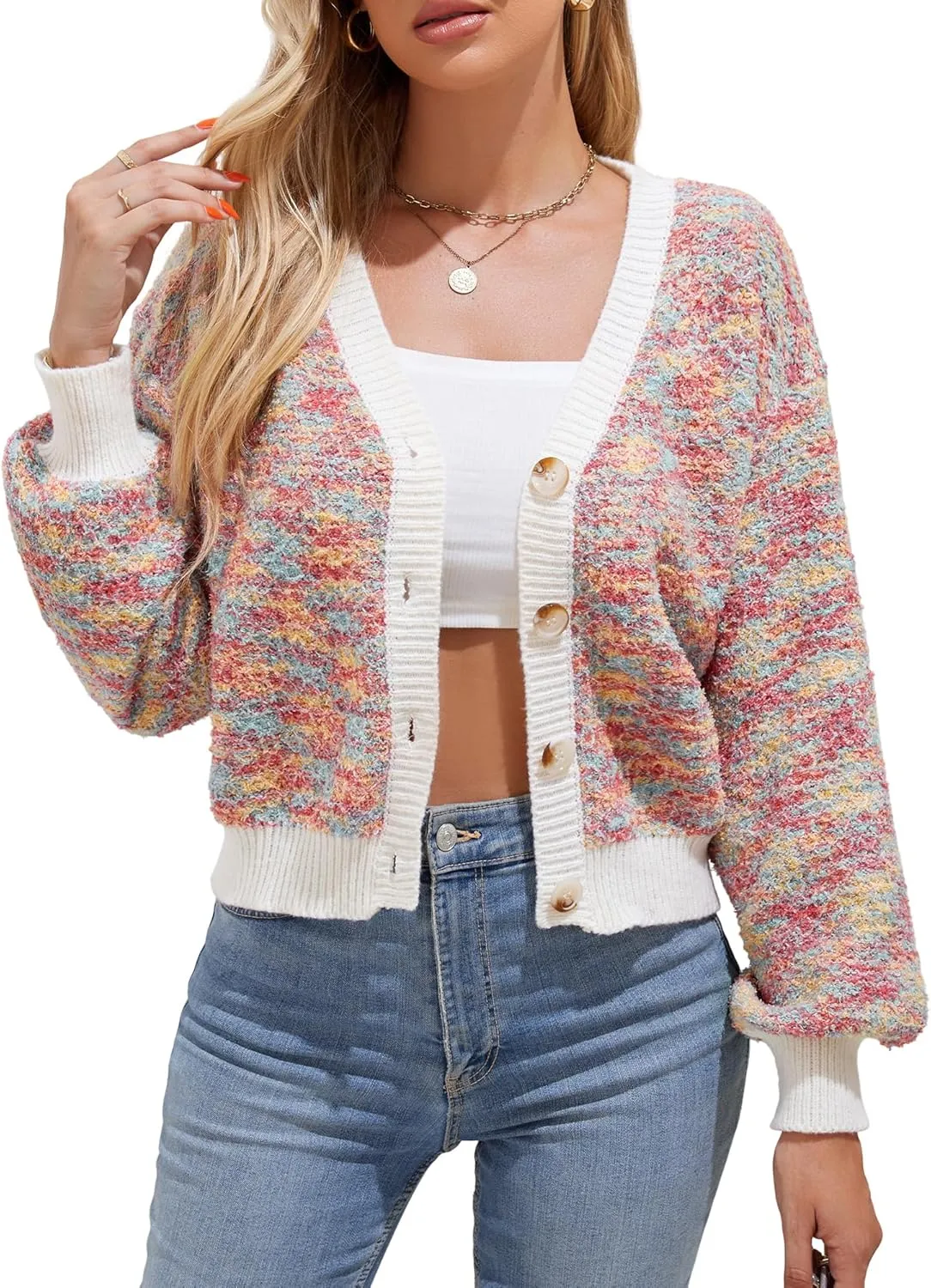ZAFUL Women's V Neck Button Up Chunky-Knit Long Sleeve Cropped Cardigan Sweaters Color Block Crop Cardigans Outerwear