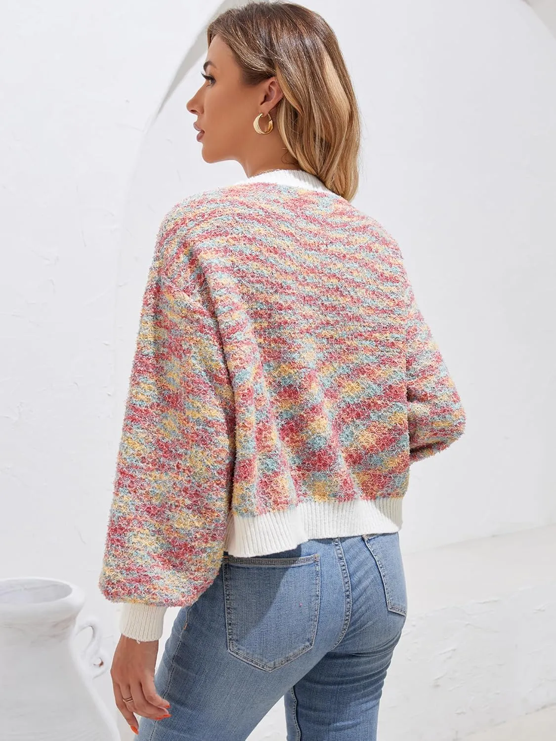 ZAFUL Women's V Neck Button Up Chunky-Knit Long Sleeve Cropped Cardigan Sweaters Color Block Crop Cardigans Outerwear