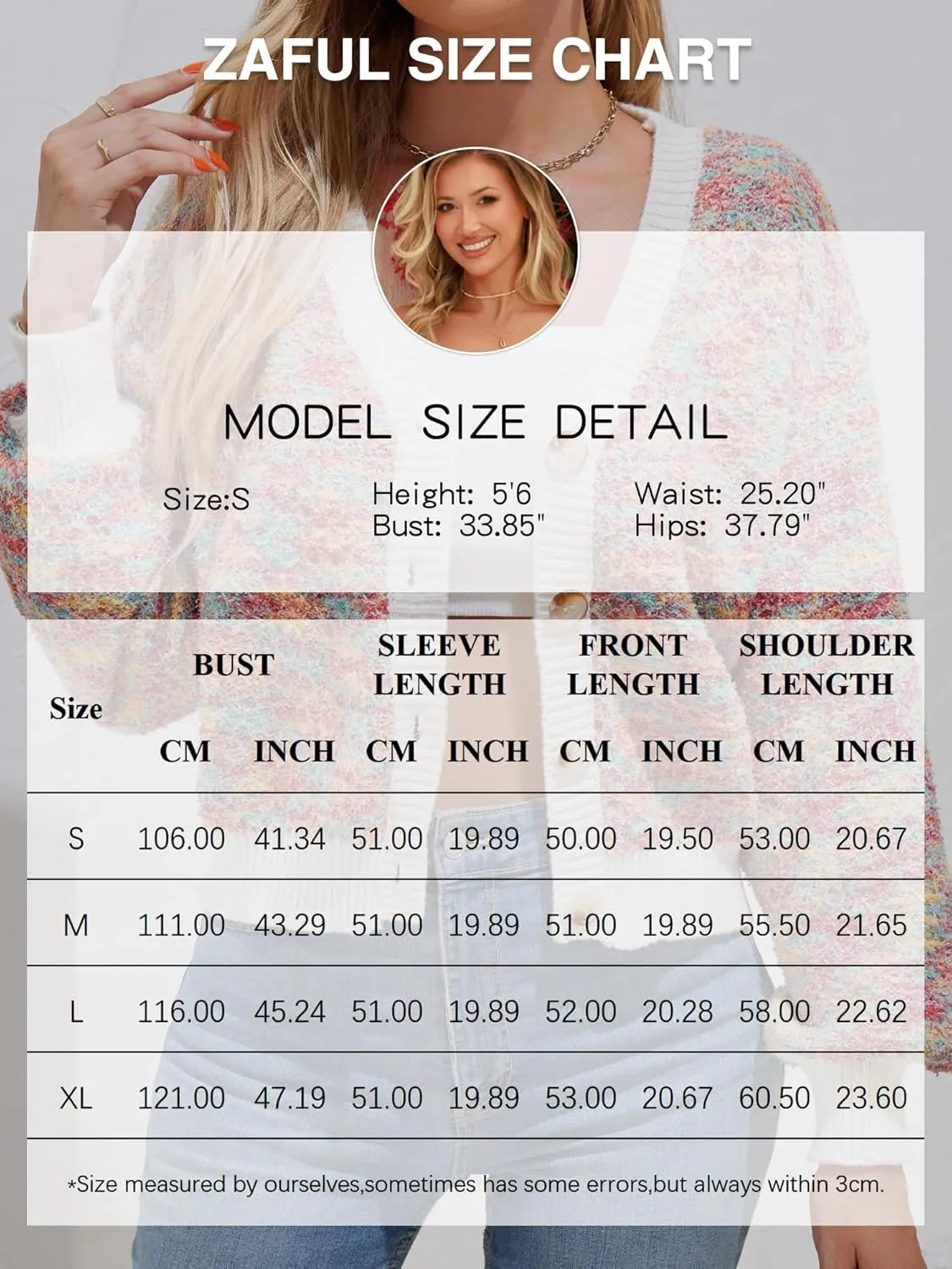 ZAFUL Women's V Neck Button Up Chunky-Knit Long Sleeve Cropped Cardigan Sweaters Color Block Crop Cardigans Outerwear